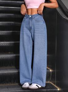 SHEIN PETITE Women Solid Color Simple Daily Jeans - Light Wash - View 5