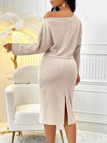 SOLERSUN 罗纹针织不对称领口 T 恤和中长裙优雅两件套