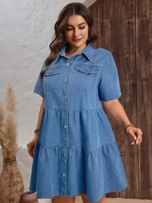 Vestido vaquero de manga corta de verano con botones frontales y dobladillo con volantes, unicolor, talla grande - Azul lavado medio - Ver 6