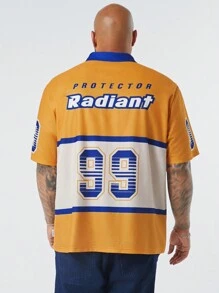 Manfinity VCAY Herren Großen Größen lose sitzende College-Stil Strick Polo Shirt mit Kurzarm, Muster mit Buchstaben und Zahlen, passend für den Sommer