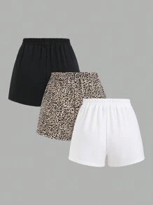 SHEIN Unity 3pcs Women's Elastic Waist Casual Shorts Set, Solid Color And Leopard Print - Multicolor - View 2