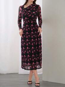 Modelyn Vestido modesto de manga larga con cuello asimétrico y estampado floral, adecuado para primavera y verano, vestido largo de noche - Multicolor - Ver 3
