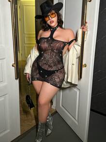 Sexy Plus Size Lingerie Rhinestone Embellished Bodysuit Dress For Women - Black - View 4