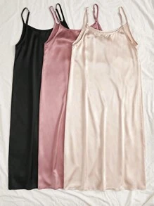 3pcs Ladies' Plain Simple Daily Spaghetti Strap Sleep Dress - Multicolor - View 2