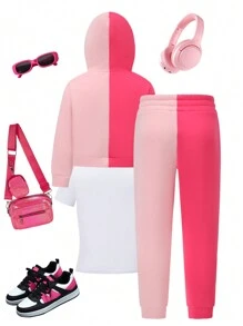 SHEIN Explorewe 3pcs Tween Girls Fashionable Casual Short Sleeve Letter Printed T-Shirt, Colorblock Hooded Cardigan, And Colorblock Pants Set, Fall/Winter - Multicolor - View 2
