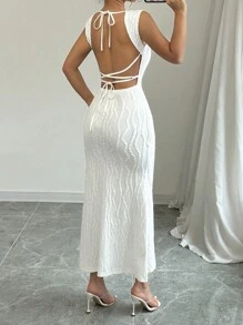 Rafferiza Đầm Maxi hở lưng viền đuôi cá màu trơn mùa hè cho nữ - trắng - Xem 2