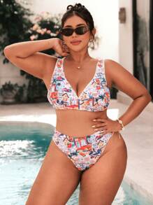 SHEIN Swim Curve Plus Size Women's Palm Tree Printed Sexy Bikini Set For Summer Beach - Multicolor - View 1