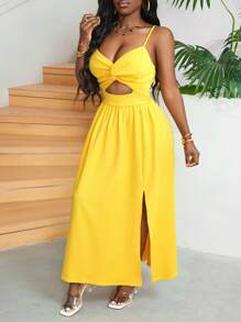 Slaydiva Summer Casual/Date/Holiday Spaghetti Straps Dress, Front Knot And Cut-Out Design, High Slit, A-Line, White Women's Dress -J