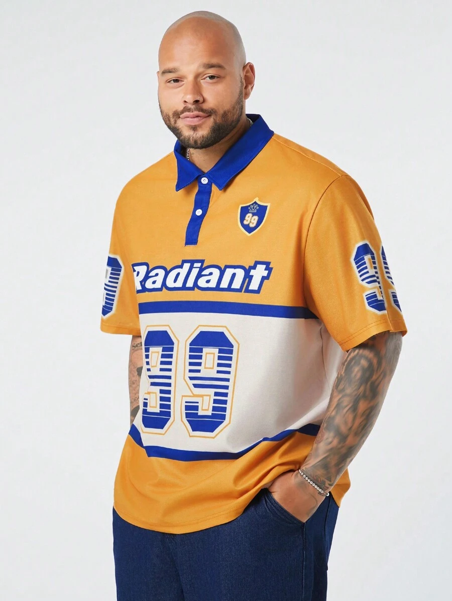 Manfinity VCAY Herren Großen Größen lose sitzende College-Stil Strick Polo Shirt mit Kurzarm, Muster mit Buchstaben und Zahlen, passend für den Sommer