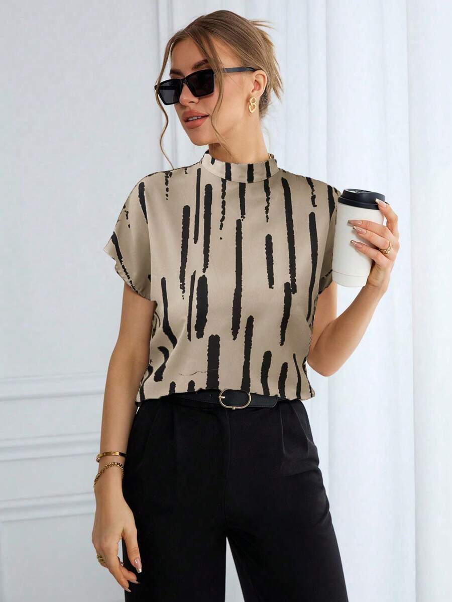 SHEIN Essnce Women's Summer Batwing Short Sleeve Casual Shirt With Line Print And Stand Collar - Khaki - View 1