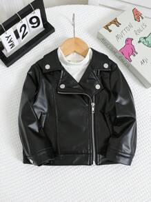 SHEIN 男婴/女婴休闲运动街头风PU领机车风拉链夹克，纯黑色，适合秋冬季穿着 - 彩色 - 查看 13