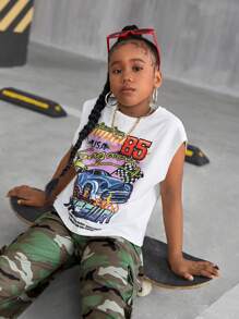 SHEIN Tween Girl 酷炫街头风格针织圆领无袖上衣，春夏 - 白色 - 查看 4