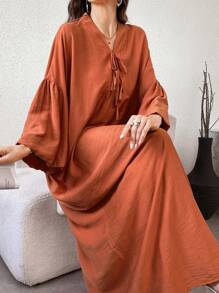 Yasmyna Váy Abaya Ả Rập thanh lịch dài tay buộc phía trước màu trơn cho nữ - trái cam - Xem 2