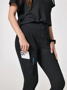 TaskEZ Solid Color V-Neck Short Sleeve Top And Pocket Pants  Uniform Set, Scrub Sets - Black - View 8