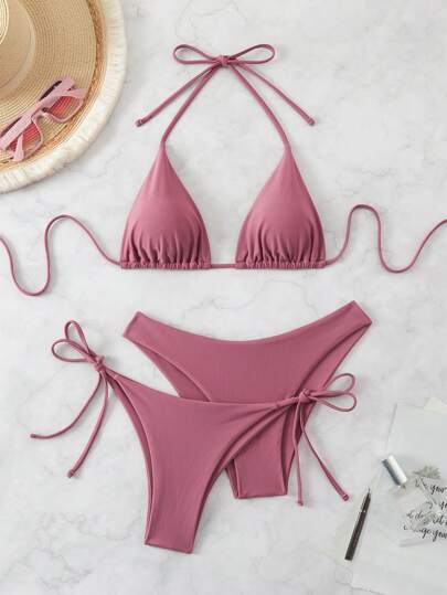 Swim Basics Women's Summer Beach Solid Color Halter Neck Tie Sexy Bikini Set (3pcs) Bathing Suit Setmicro Bikini Setbikini Rosa