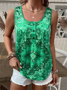 EMERY ROSE Women's Vintage Printed Simple Daily Wear Sleeveless Tank Top - Green - View 6