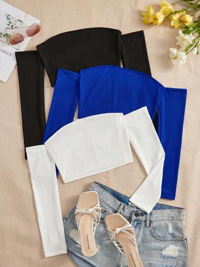 SHEIN Unity 3 piezas Conjunto de parte superior corta de manga larga y hombros descubiertos de unicolor para mujeres, primavera/verano