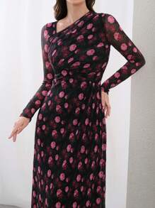 Modelyn Vestido modesto de manga larga con cuello asimétrico y estampado floral, adecuado para primavera y verano, vestido largo de noche - Multicolor - Ver 7