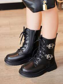 Plain Color Lace-Up Casual Versatile Children Boots - Black - View 4