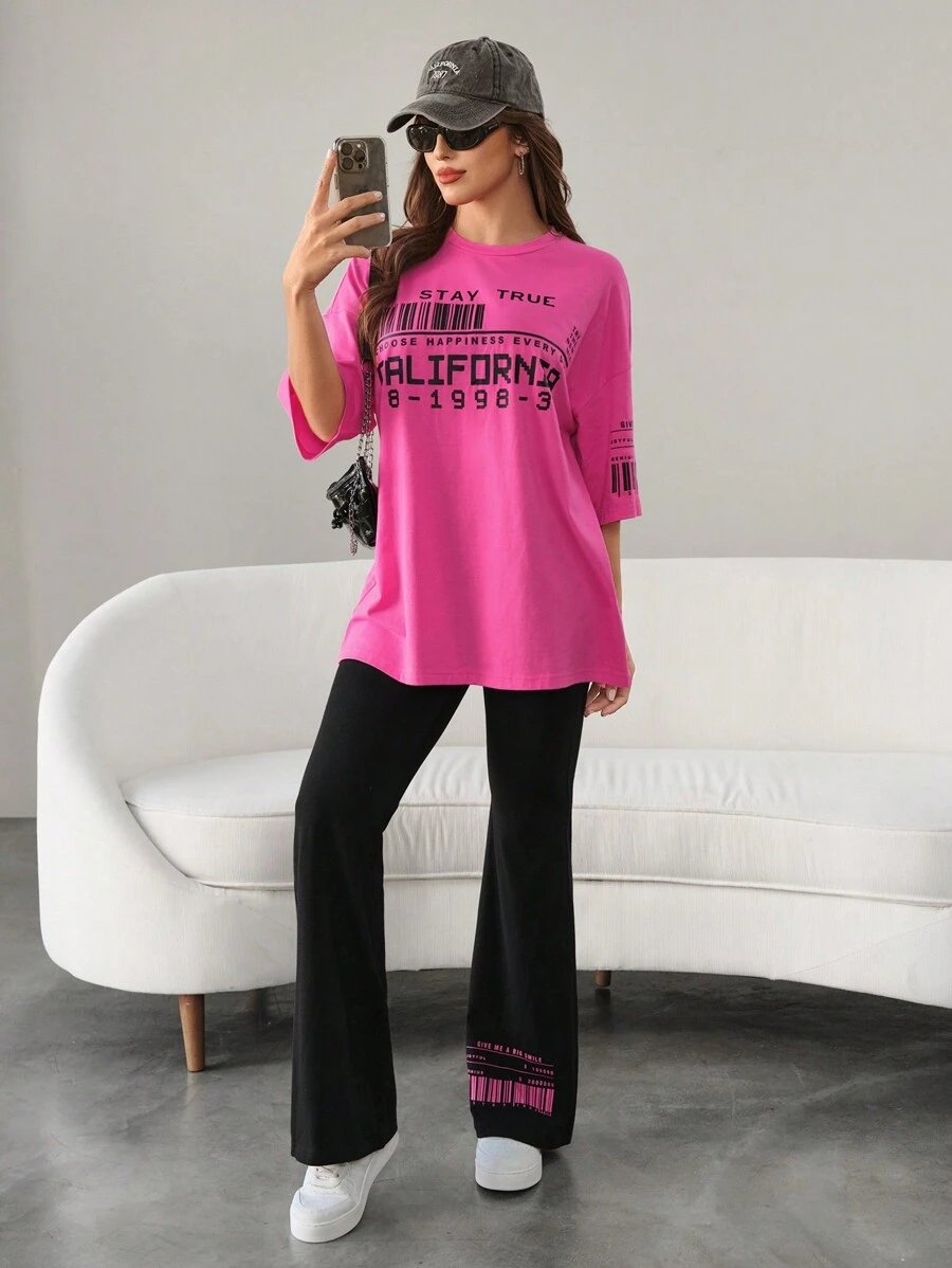 Mulvari 2pcs Women's Casual Letter Print Crew Neck Top And Pants Set, Casual Outfits Tracksuit 2 Pieces Lounge Set, Suitable For Walking/Sports/Back To School & Everyday Casual Wear 2 Pieces Set