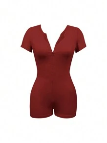 INAWLY Women's Solid Color Zipper Placket Short Sleeve Jumpsuit