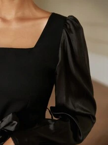 GENKIRA فستان كم طويل مربع الرقبة منتفخ الأكمام مزود بحزام للنساء - الأسود - مشاهدة 6