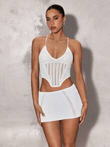SHEIN BAE Low Waist Short Solid Color Women's Sweater Skirt - White - View 4