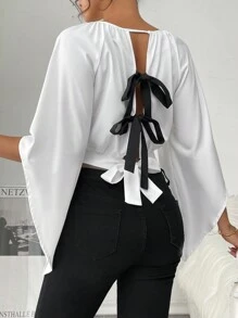 Chiquease 女士蝙蝠袖後繫蝴蝶結開背白色圓領上衣