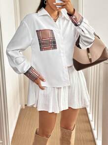 SHEIN Essnce New Spring/Autumn Plaid Patchwork Cape-Style Women's Shirt - White - View 6