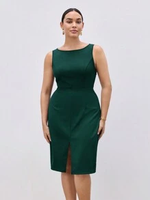 BizChic Plus Size Women's Solid Color Simple Blue Everyday Waist Cinched Elegant Casual Work Dress - Green - View 5