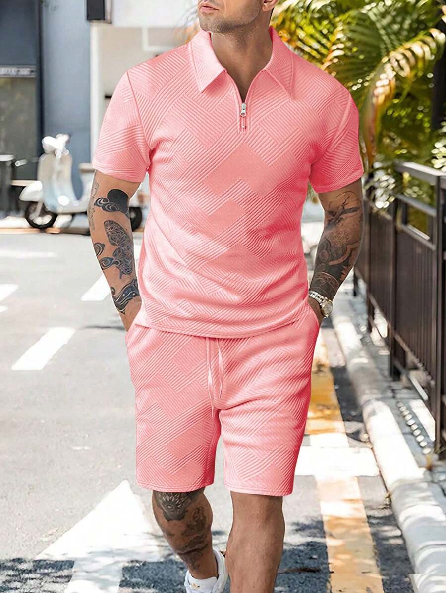 Manfinity Homme Nam Màu Trơn Dây Kéo Áo Sơ Mi Tay Ngắn Và Dây Rút Quần Short Bộ Hai Món Thường Ngày - Hồng - Xem 1