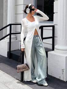 SHEIN EZwear 休闲白色半透明长款开衫 - 白色 - 查看 5