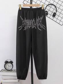 Tween Boy's Street Element Printed Jogger Pants With Transforming Letters And Elastic Cuffs - Black - View 1