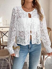 SHEIN LUNE Solid Color Twist Front Sheer Long Sleeve Shirt Fall Cloth For Women - White - View 6