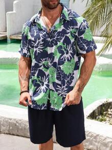 Genlund 大码男士热带植物印花短袖衬衫和短裤休闲度假套装 - 彩色 - 查看 6