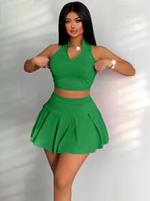 Zolique 纯色拉链半前时尚背心和纯色褶皱短裙套装，学院风性感俏皮 - 綠色 - 查看 3