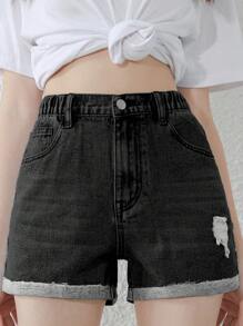 SHEIN Teen Girl Elastic Waist Distressed Denim Shorts With Pockets And Rolled Hem, Casual