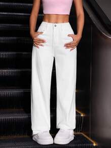 SHEIN Frenchy 女士寬鬆休閒牛仔褲，附有口袋 - 白色 - 查看 5