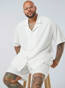 Manfinity VCAY 2 件男士大码休闲针织 3D 提花宽松落肩毛衣衬衫，配毛领、抽绳腰直筒短裤、夏季服装 - 白色 - 查看 4