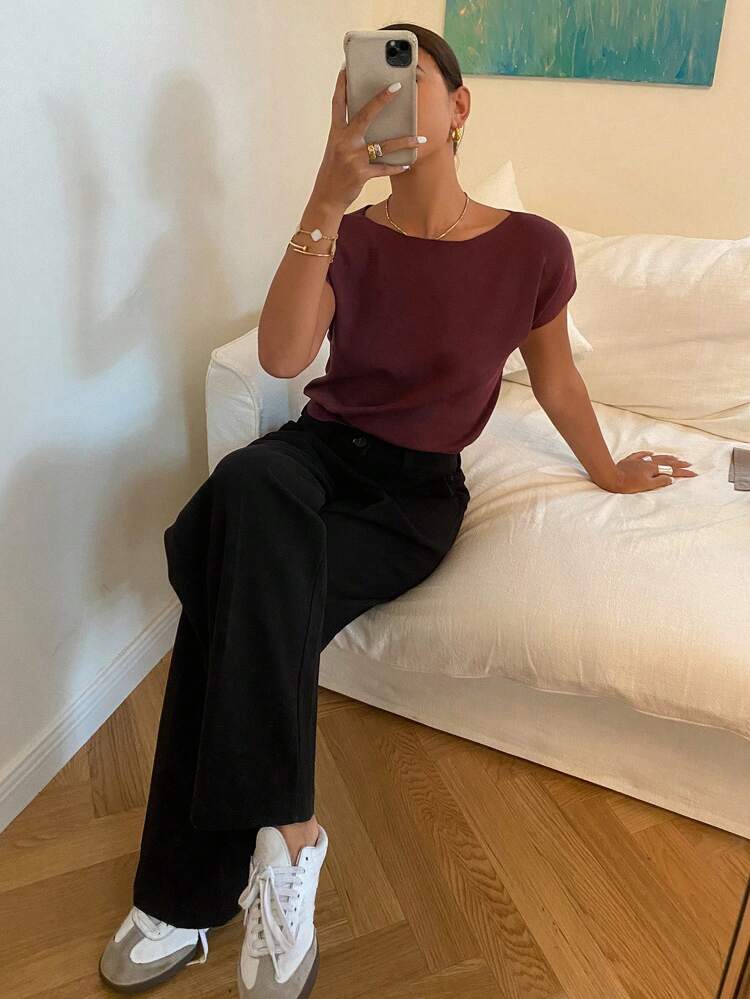 Solid Color Slim Fit Off Shoulder Short Sleeve Knitted Top For Women Summer,Teacher Outfits