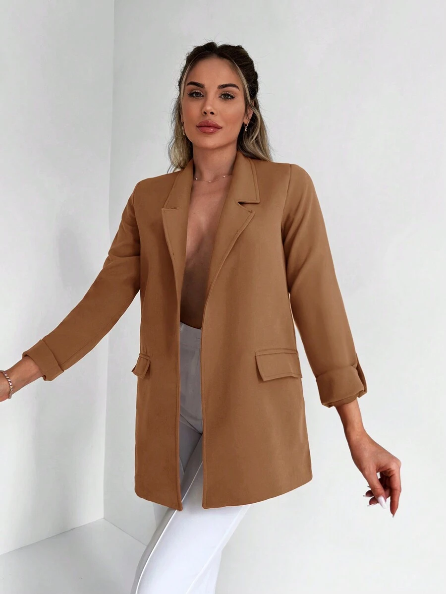 EURMUSE Lapel Neck Flap Detail Open Front Blazer - Orange - View 1