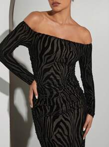 Hauture 露肩褶皺連身裙，夏季修身性感連衣裙 - 黑色 - 查看 2