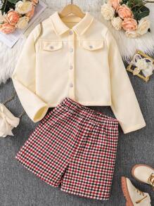 Tween Girls' Plain Front Button Plush Coat & Plaid Printed Shorts 2pcs/Set - White - View 1
