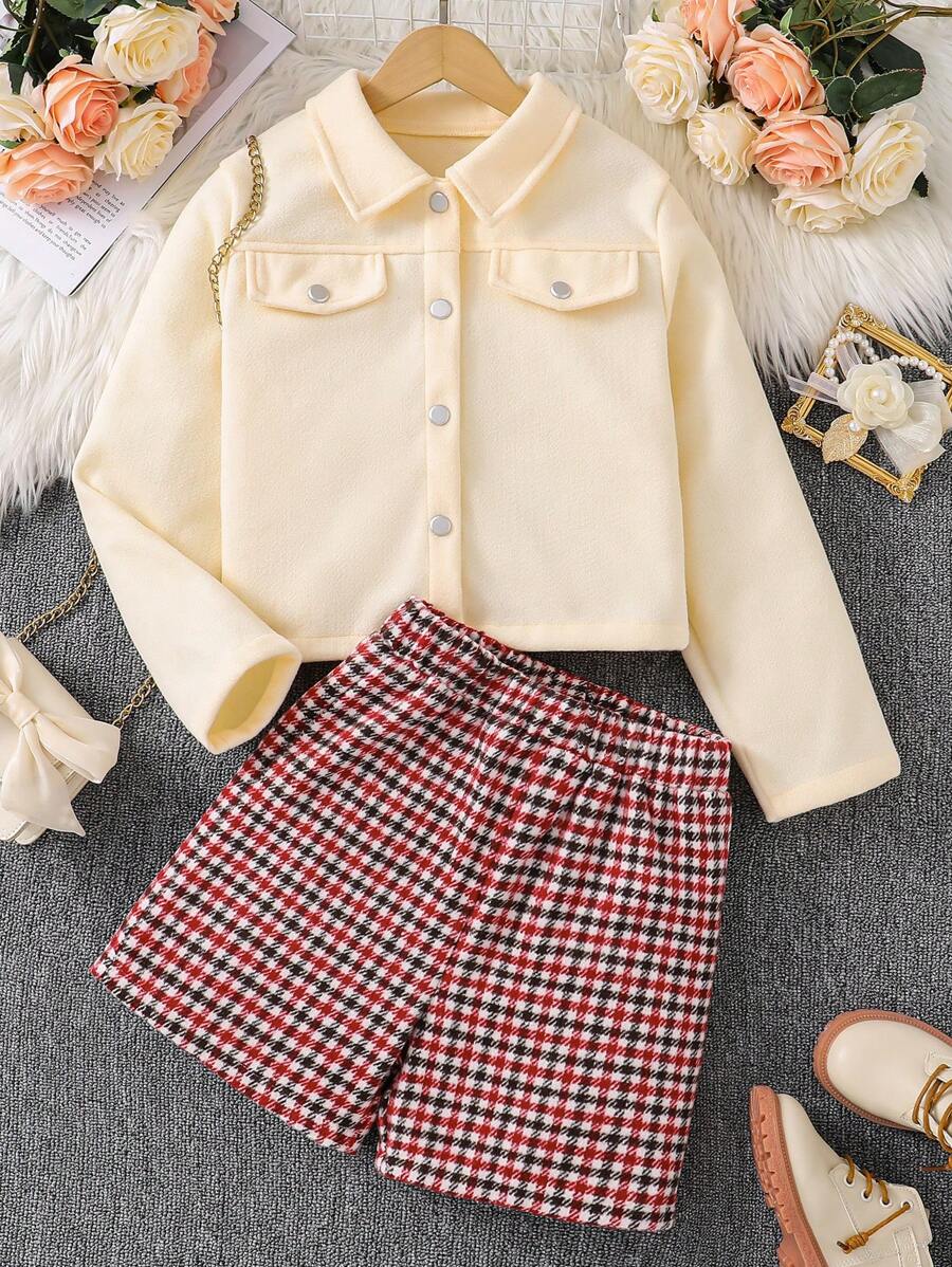 Tween Girls' Plain Front Button Plush Coat & Plaid Printed Shorts 2pcs/Set - White - View 1