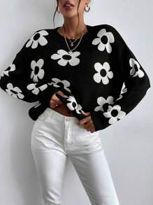 SHEIN Essnce 花卉印花圆领休闲长袖毛衣套头衫 - 彩色 - 查看 4