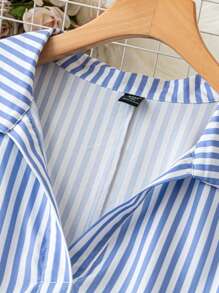 SHEIN LUNE Plus Size Navy Blue Hem Floral Print Long Sleeve Shirtdress Fall Women Clothes Baby Blue Dress Women Business Casual Woman Work Dress Business Dress - Blue and White - View 5