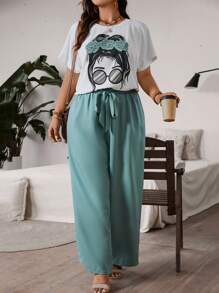 SHEIN VCAY Áo thun đi nghỉ mát cỡ lớn dành cho nữ có dây thắt lưng và eo đàn hồi Quần ống rộng, 2 cái/bộ - Nhiều màu - Xem 6