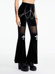 ROMWE Goth Quần dài nhung nối lưới thêu chéo dây kim loại dành cho nữ - màu đen - Xem 3