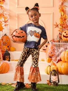 SHEIN 2pcs/Set Young Girl Knitted Halloween Rhinestone Leopard Print T-Shirt And Flare Pants Set - Multicolor - View 1