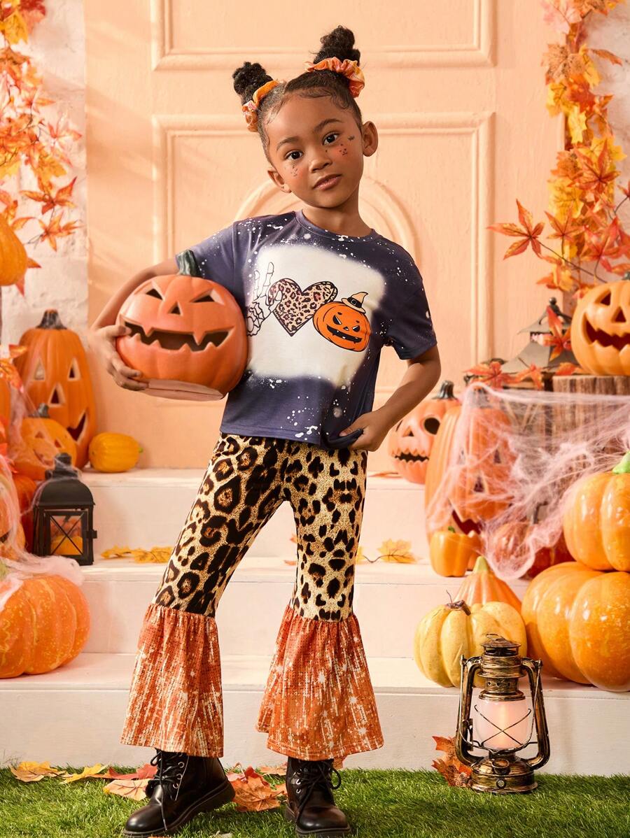SHEIN 2pcs/Set Young Girl Knitted Halloween Rhinestone Leopard Print T-Shirt And Flare Pants Set - Multicolor - View 1
